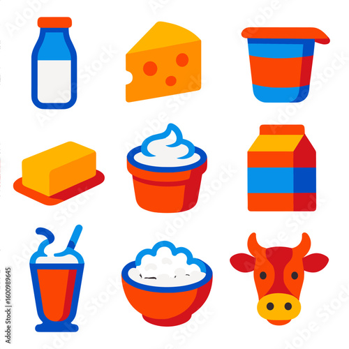 Dairy Product Icons. Flat vector icons of dairy products: milk bottle, cheese wedge, yogurt cup, butter stick, sour cream tub,
