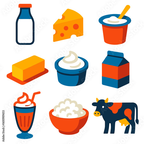 Dairy Product Icons. Flat vector icons of dairy products: milk bottle, cheese wedge, yogurt cup, butter stick, sour cream tub,