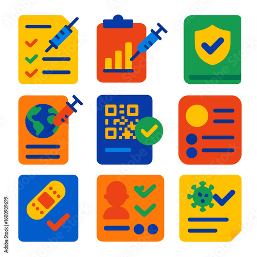 Vaccine Icon Set. Flat vector icons of vaccination and immunization cards: vaccine dose sheet, booster chart, injection history