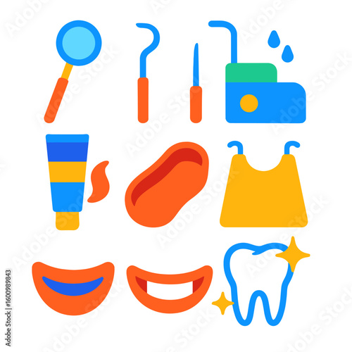 Dental Care Icons. Flat vector icons of dental hygiene care: mouth mirror, dental pick, scaling tool, oral irrigator, teeth