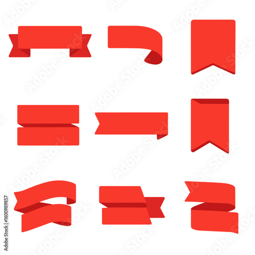 Colorful Ribbon Icons. Flat vector icons of red ribbon banners with folds and shadows: folded ribbon shadow, curled edge ribbon,