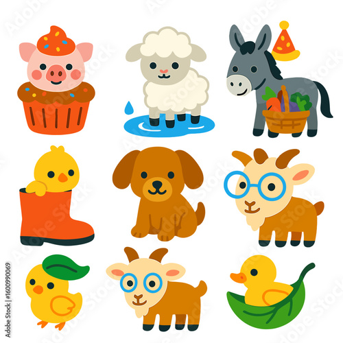 Cute Farm Animal Icons. Flat vector icons of cute farm and domestic animals: pig in cupcake costume, lamb in rain puddle, donkey