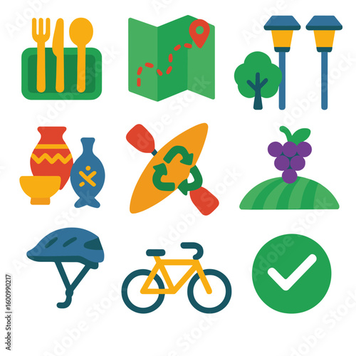 Sustainable Travel Icons. Flat vector icons of sustainable travel and eco tourism: bamboo dish set, paper-free trail map, native