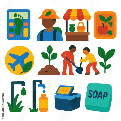 Sustainable Travel Icons. Flat vector icons of sustainable travel and eco tourism: carbon footprint calculator, minimal-impact