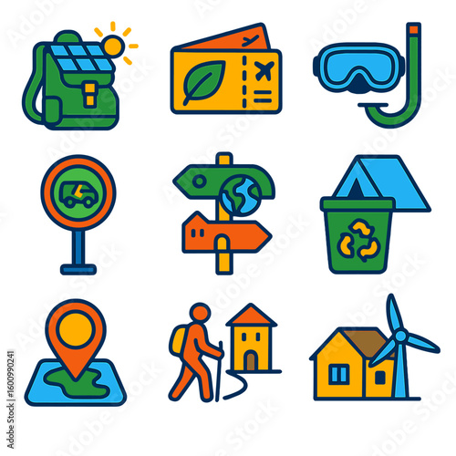 Eco Tourism Icons. Flat vector icons of sustainable travel and eco tourism: solar-powered backpack, paper-free boarding pass,