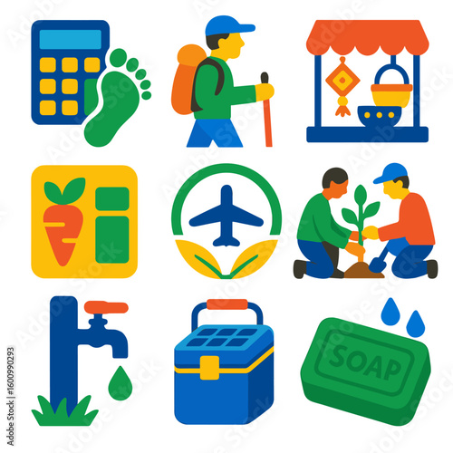 Sustainable Travel Icons. Flat vector icons of sustainable travel and eco tourism: carbon footprint calculator, minimal-impact