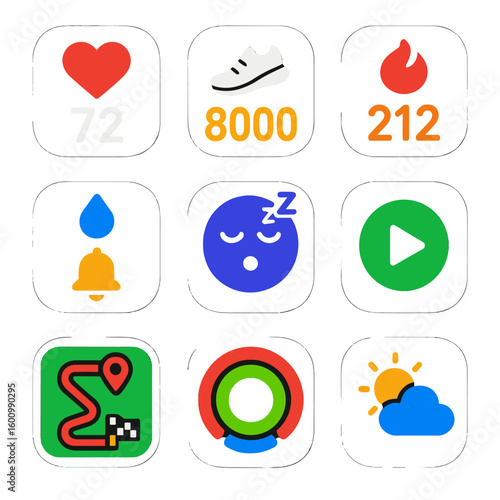 Fitness Tracker Icons. Flat vector icons of fitness tracker and smartwatch interfaces: heart rate monitoring screen, daily step