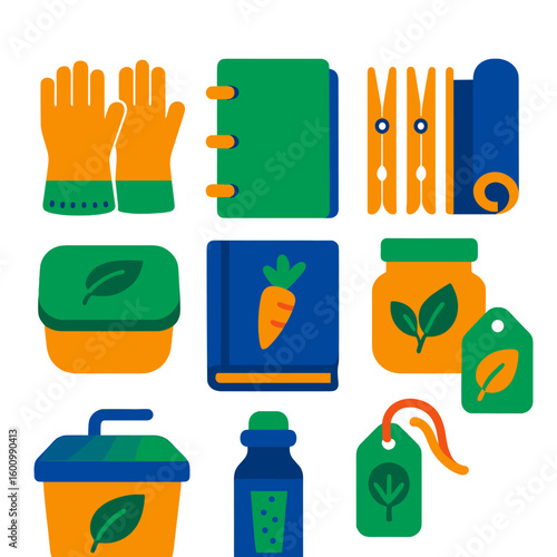 Zero Waste Icons. Flat vector icons of zero waste lifestyle items: natural fiber cleaning gloves, refillable notebook binder,