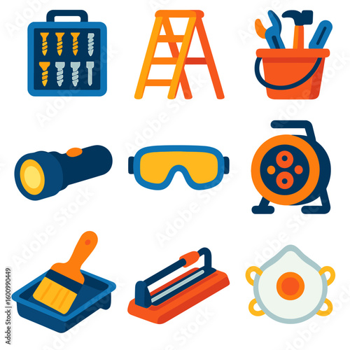 DIY Tool Icons. Flat vector icons of home renovation and DIY tools: screw set organizer, step ladder, bucket with tools, tile