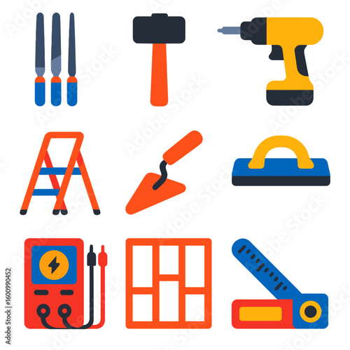 Bright DIY Tool Icons. Flat vector icons of home renovation and DIY tools: metal file set, rubber mallet icon, cordless