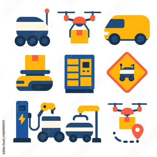Autonomous Delivery Icons. Flat vector icons of delivery robots and autonomous logistics: sidewalk delivery robot, drone carrying
