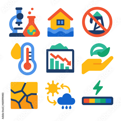 Climate Change Icons. Flat vector icons of climate change and environmental icons: climate science lab icon, rising tide house,