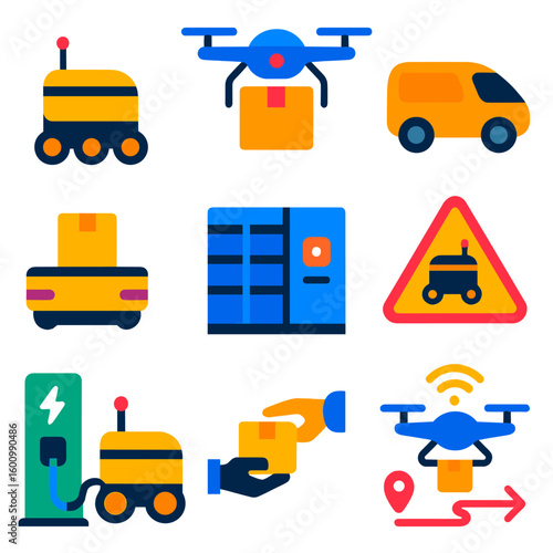 Autonomous Delivery Icons. Flat vector icons of delivery robots and autonomous logistics: sidewalk delivery robot, drone carrying