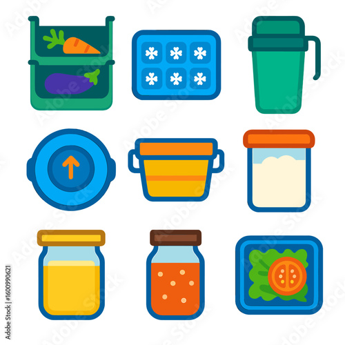Modern Food Storage Icons. Flat vector icons of food preservation and storage containers: stackable veggie drawer, cold gel pack