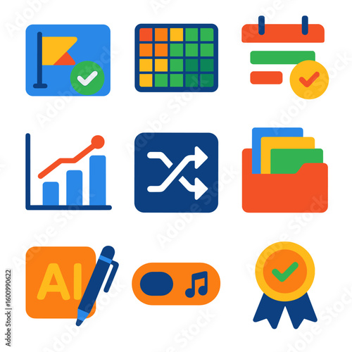 Productivity Tool Icons. Flat vector icons of productivity apps and workflow tools: milestone tracker card, productivity heatmap