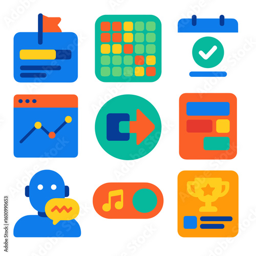 Productivity Tool Icons. Flat vector icons of productivity apps and workflow tools: milestone tracker card, productivity heatmap