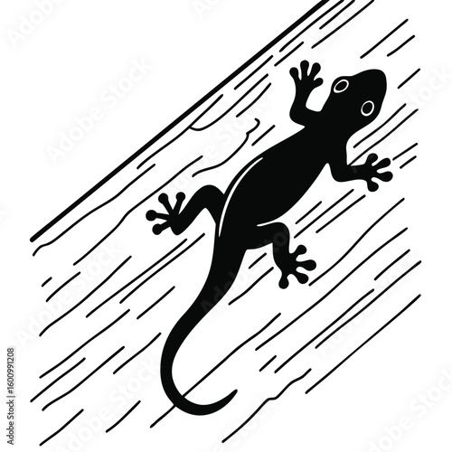 Silhouette of a gecko climbing a textured surface with parallel lines