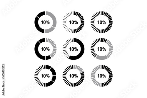 Nine circular ten percent progress indicators with varying segmentations