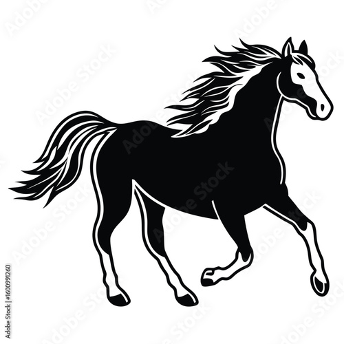Majestic Black Horse Galloping Freely with Flowing Mane and Tail