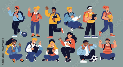 Adobe illustrator vector flat style illustration of a diverse set of college students, perfect for depicting higher education, learning, and campus life concepts