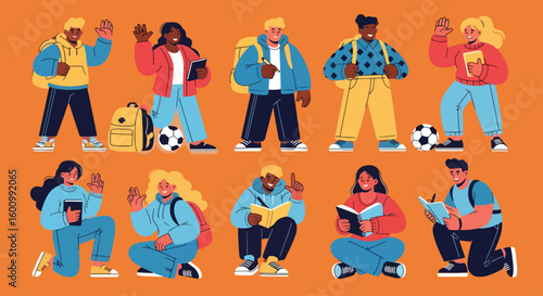 Adobe illustrator vector flat style illustration of a diverse set of college students, perfect for depicting higher education, learning, and campus life concepts