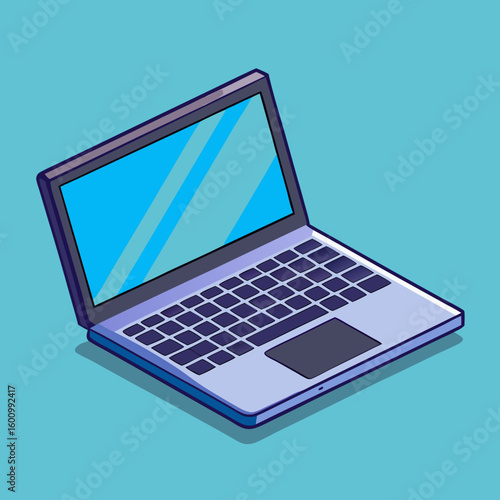 Modern laptop computer with blue screen on teal background
