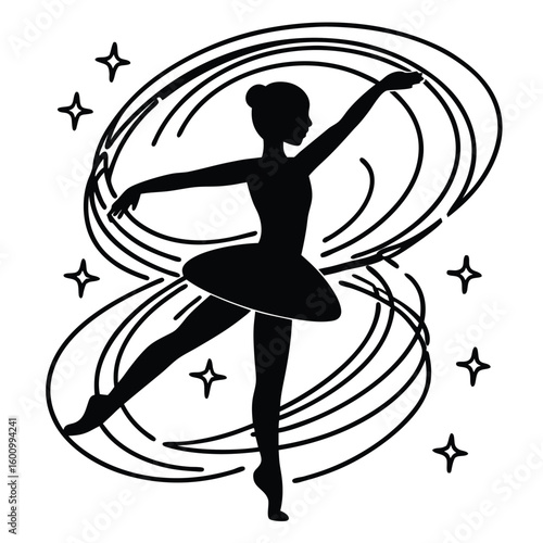 Elegant Silhouette of a Ballerina in a Graceful Pose Surrounded by Swirling Lines and Stars