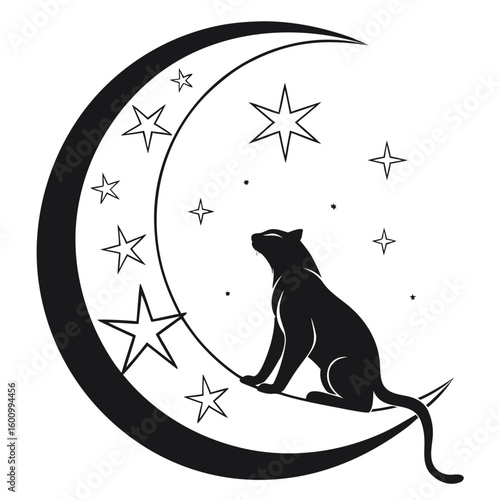 Mystical Black Panther on Crescent Moon Surrounded by Twinkling Stars