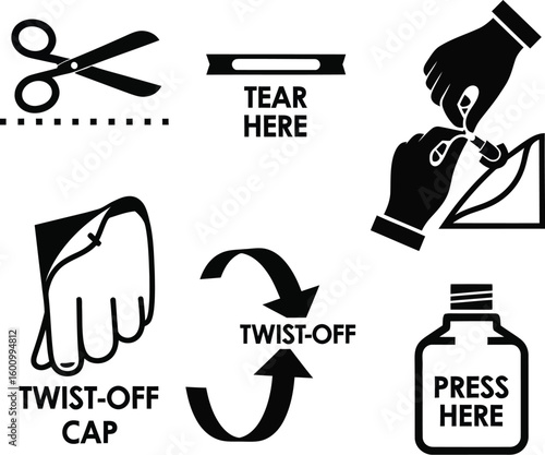 Instructional product opening guide: cut tear twist press open packaging directions for use and handling