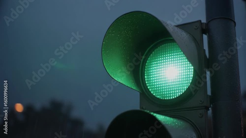 Traffic light changes from amber to green in the rain