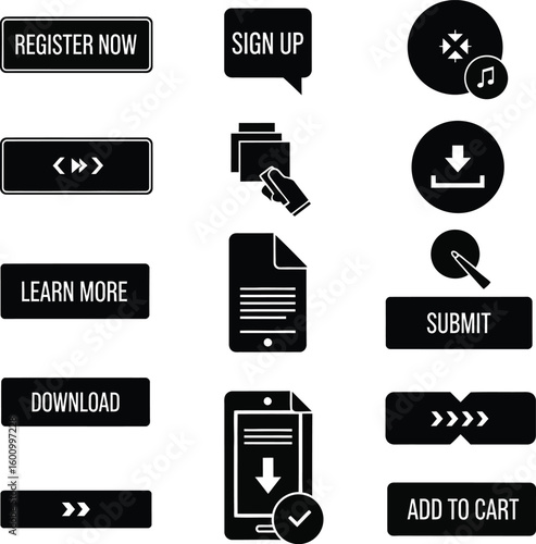 Ui ux design elements vector set for website and mobile app register now sign up learn more download submit