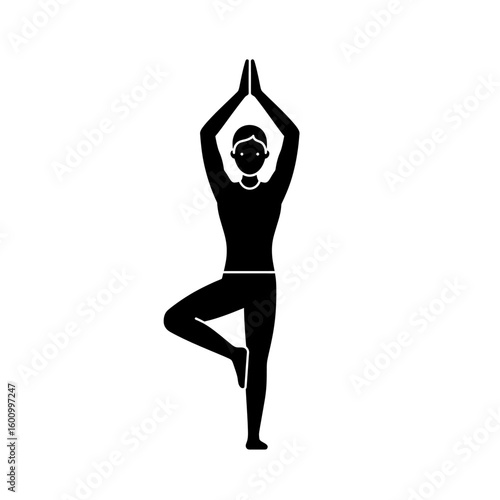 Black silhouette vector of person doing yoga tree pose with arms raised and leg bent, clean and minimalist icon style