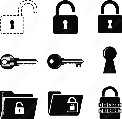 Security icons set locks keys and folders for data protection and access control vector illustration