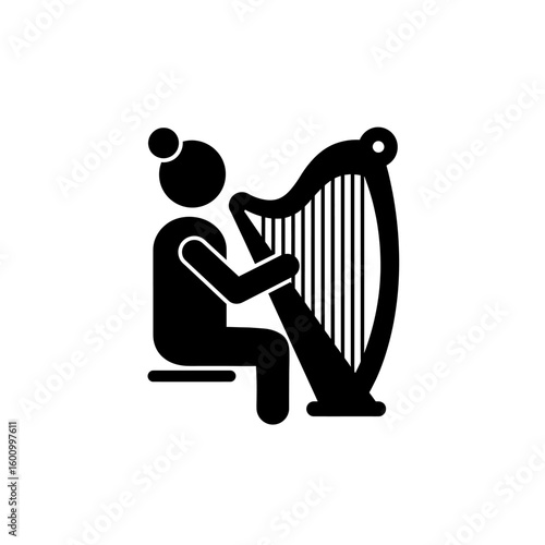Black Silhouette Harp Player Seated Musical Performance
