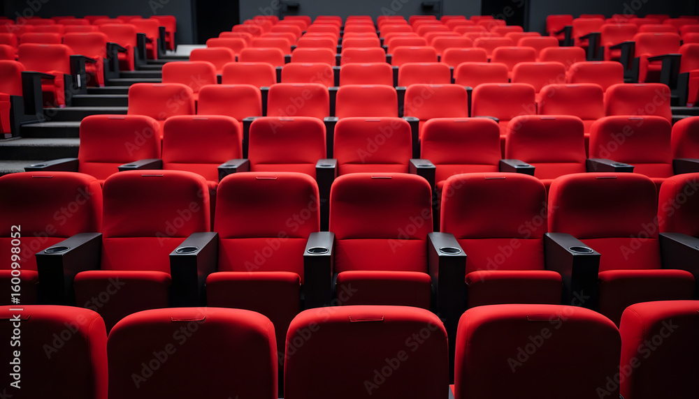 Fototapeta premium Rows of red cinema seats in an empty movie theater, waiting for the audience.