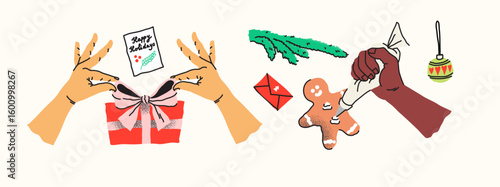 Hands with holiday preparations. Creative festive activities. Human arms actively wrapping gifts and decorating. Seasonal items like gingerbread and greeting cards. Handmade DIY holiday joy.
