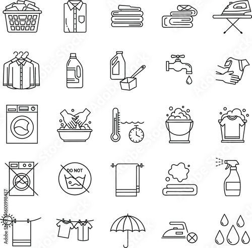 Clean Laundry Line Icons: Simple, Minimalist Black and White Vector Graphics for Household, Cleaning, and Laundry Services Websites and Apps.