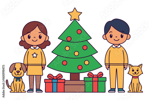 Children and pets decorating Christmas tree with gifts