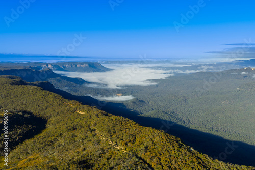 Drone aerial photograph of the picturesque and wide Jamison Valley taken from near the town of Wentworth Falls in the Blue Mountains, NSW, Australia.