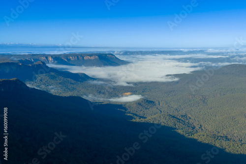 Drone aerial photograph of the picturesque and wide Jamison Valley taken from near the town of Wentworth Falls in the Blue Mountains, NSW, Australia.
