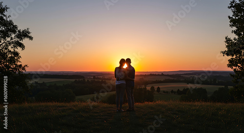 Silhouette of a romantic couple embracing on a hill, watching the beautiful sunset over a vast rural landscape.