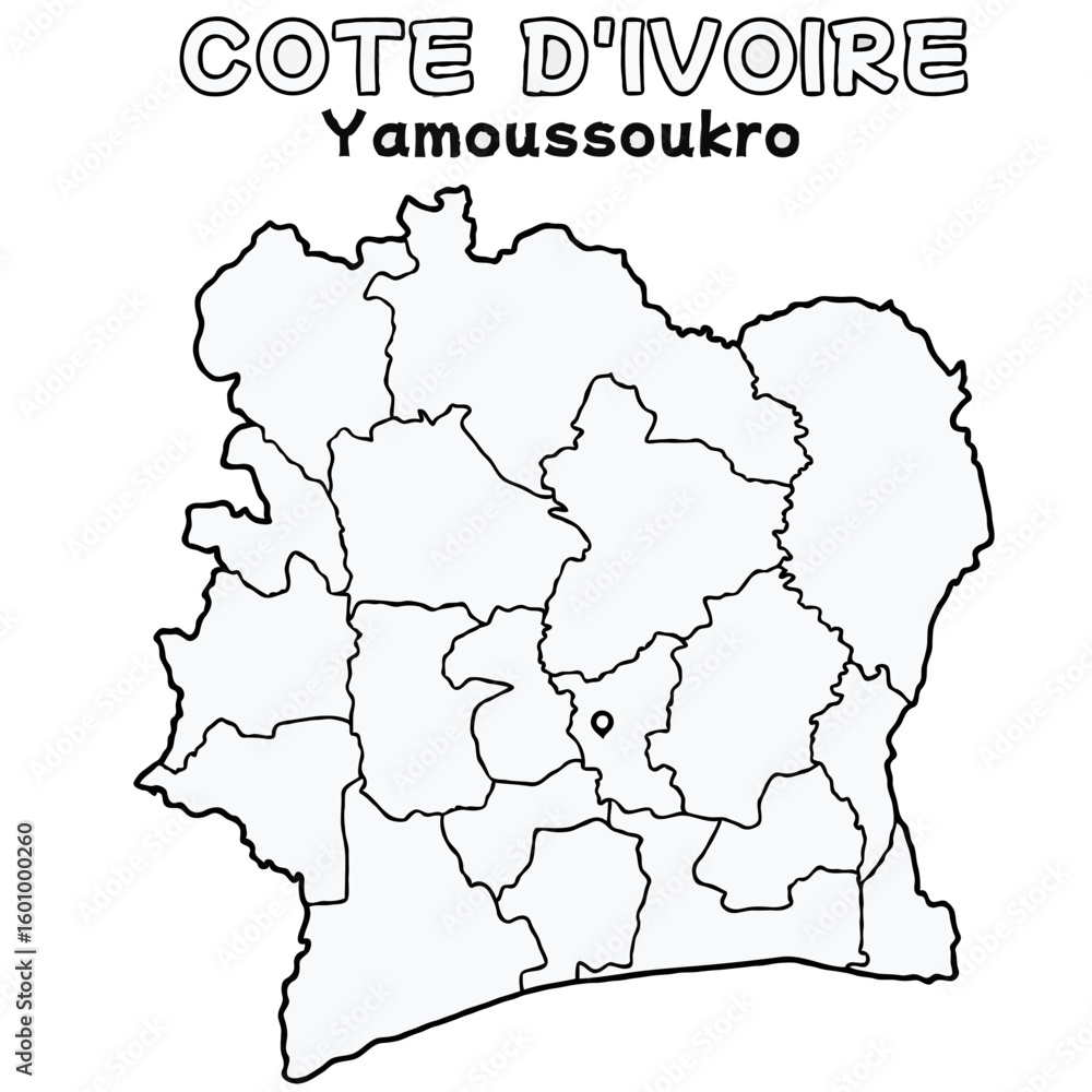 Fototapeta Outline of the Cote D'Souza Map with State Boundaries with name and capital city for Educational Purposes and Planning in transparent and vector