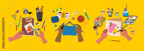 Hands engaged in diverse creative hobbies. Human arms actively making art, knitting, and crafting various projects. Diverse artisan tools handmade creations and DIY passion.