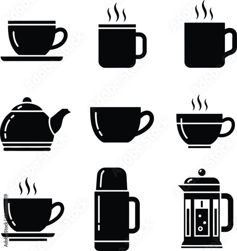 Vector set of tea and coffee cups mugs teapot thermos french press kitchenware black silhouette icons design