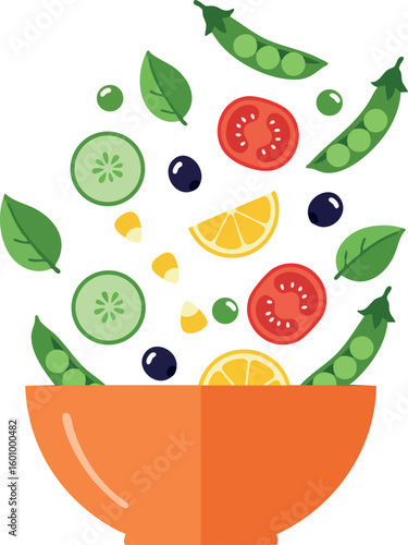 Vegetable and fruit salad bowl with fresh green peas cucumber tomato lemon and spinach vector illustration