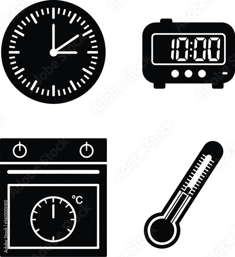 Vector time temperature kitchen appliances clock digital timer oven thermometer black and white icons