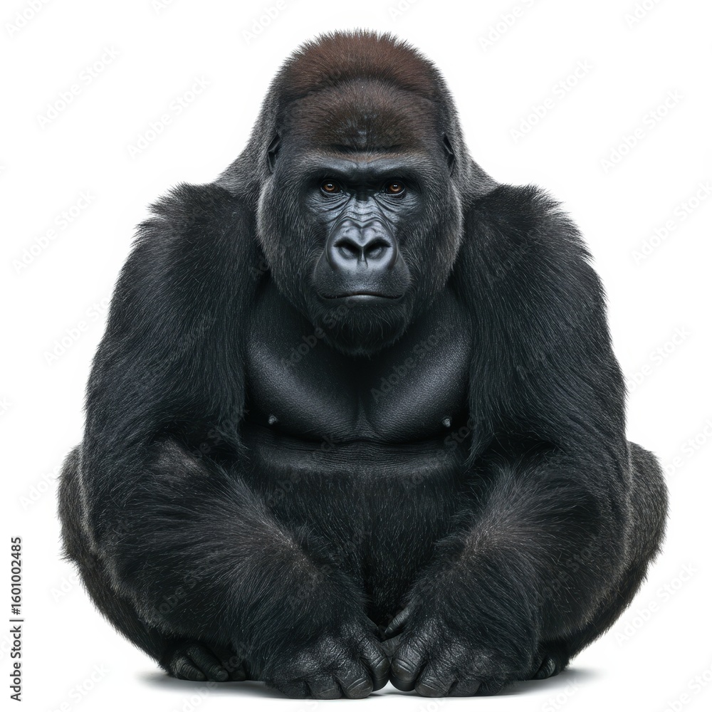 Obraz premium Powerful silverback gorilla sitting and looking at the camera with a serious expression