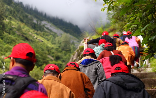 group of people hiking in the mountains