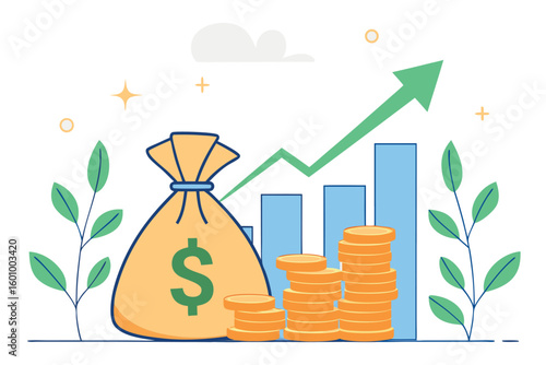 Dollar bag and ascending coins illustrate growth beside an upward arrow against a transparent backdrop