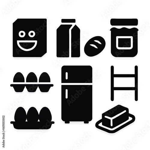 grocery shopping silhouette icon set with fridge milk eggs bread and pantry items illustration vector